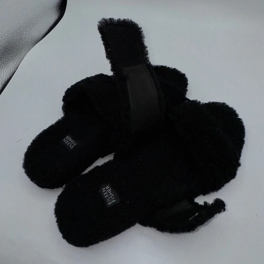 EILEEN FISHER Shoes Womens 7.5 Dello‎ Shearling Slide Sandal Black Lamb Fur Slip - Picture 10 of 13